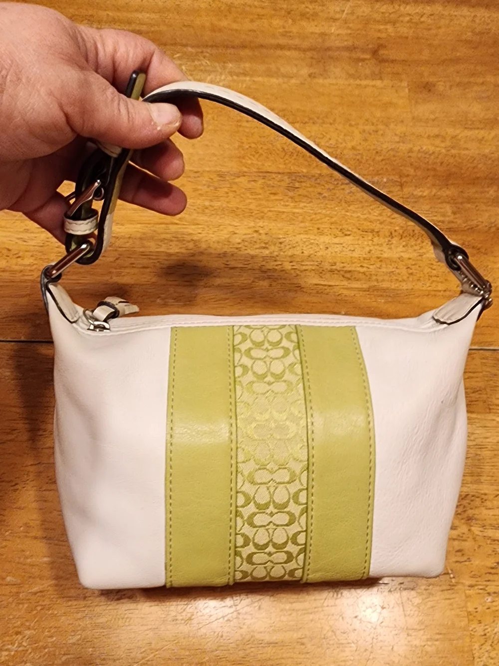 vintage Coach Y2K green and white leather signature stripe mini hobo bag.  - Picture 2 of 13